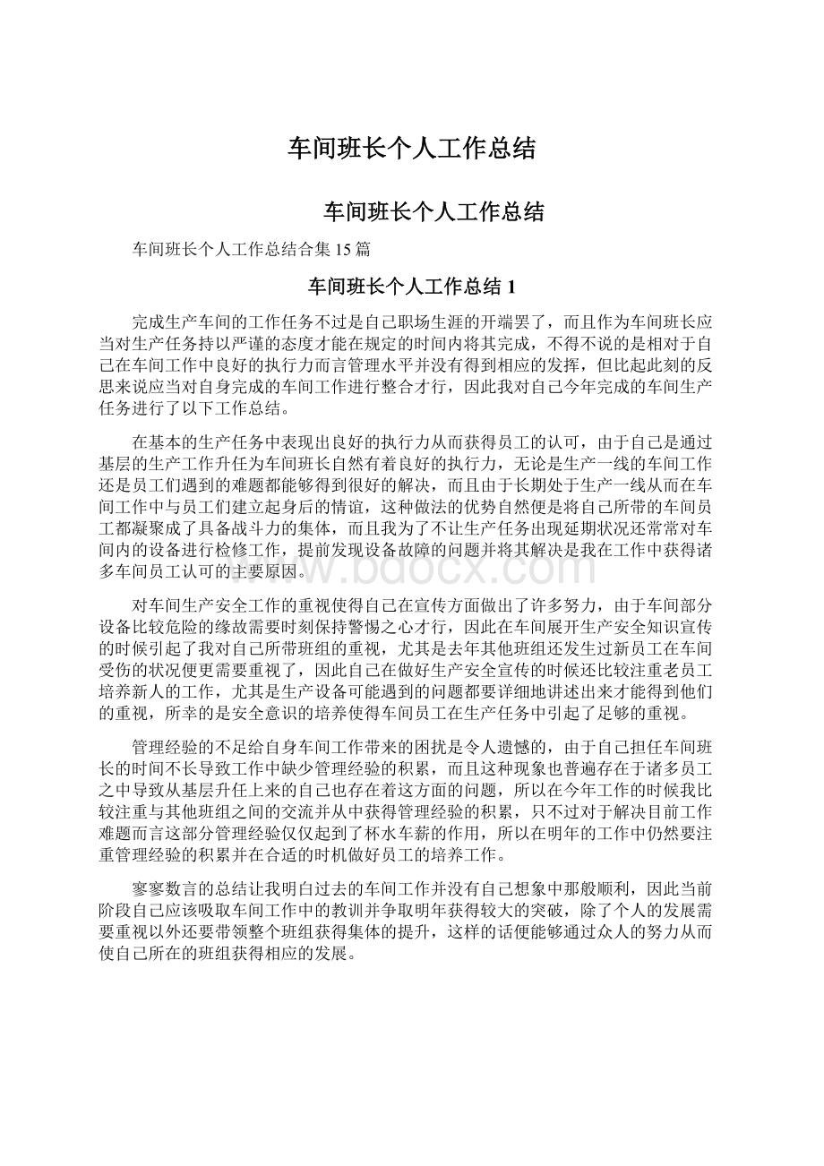 车间班长个人工作总结Word文档下载推荐.docx