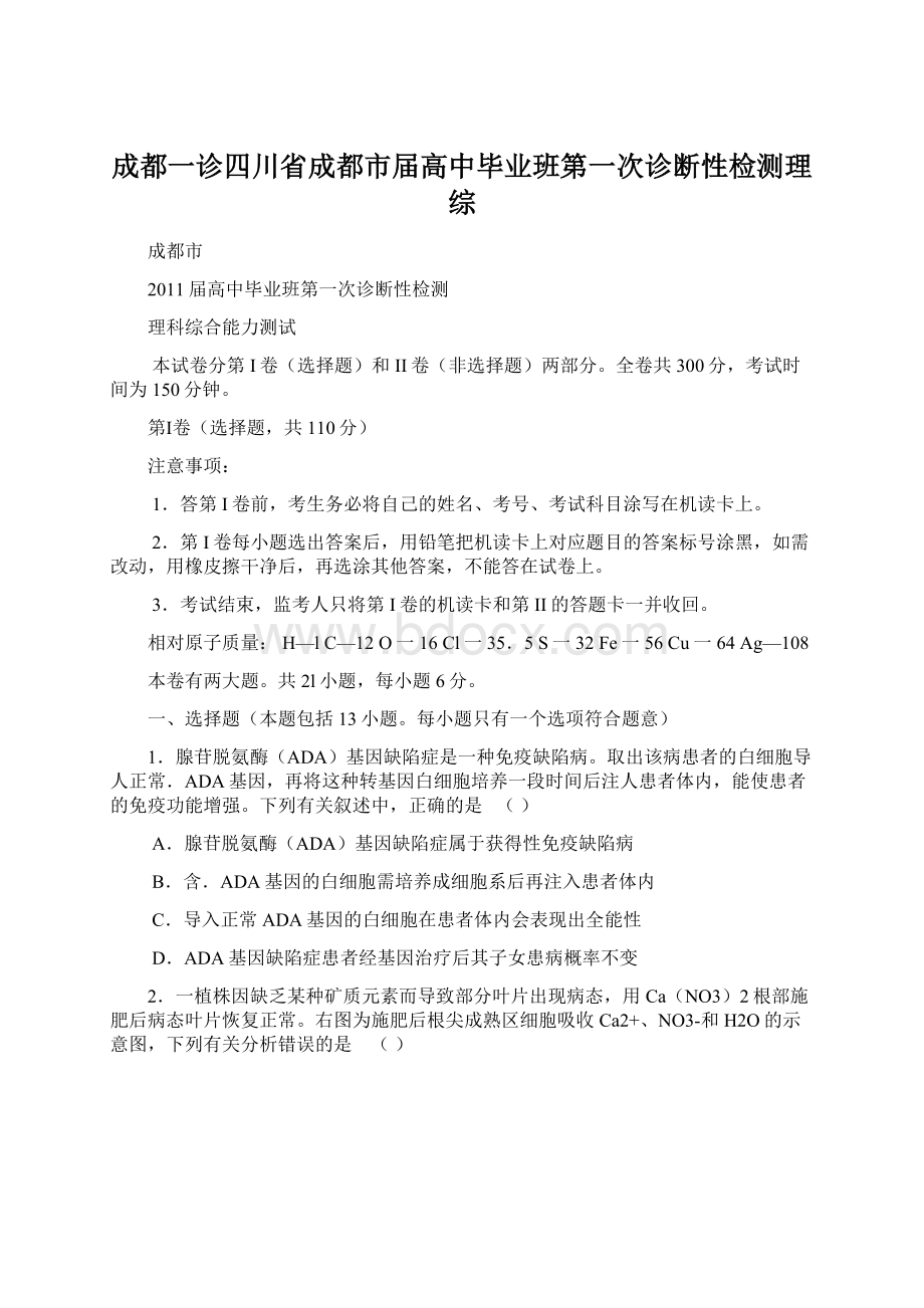 成都一诊四川省成都市届高中毕业班第一次诊断性检测理综文档格式.docx_第1页