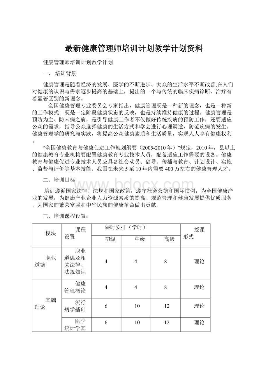 最新健康管理师培训计划教学计划资料Word文档格式.docx