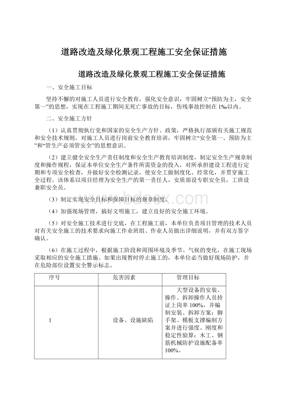 道路改造及绿化景观工程施工安全保证措施.docx_第1页