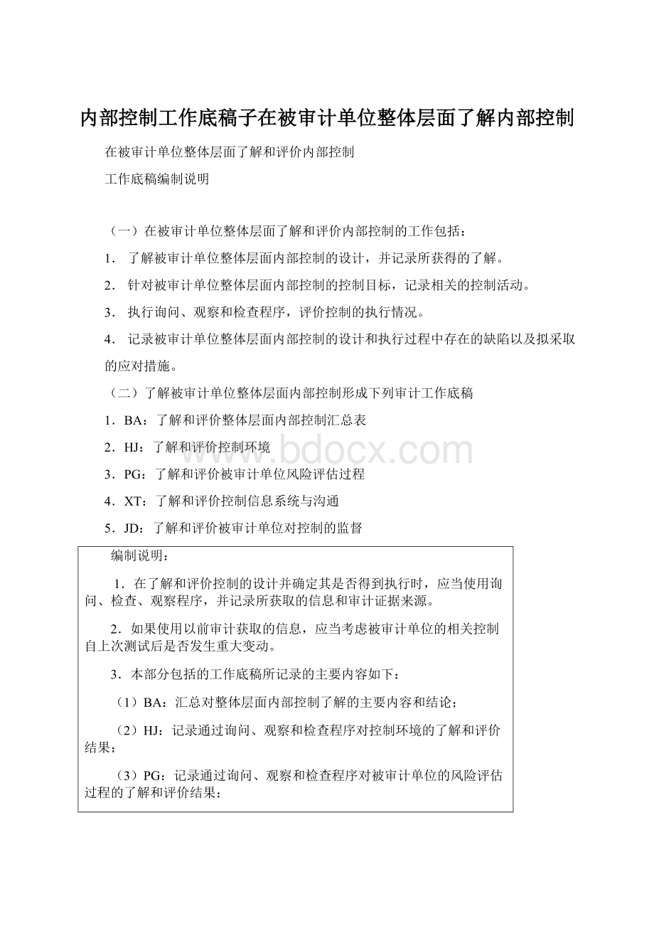 内部控制工作底稿子在被审计单位整体层面了解内部控制.docx_第1页