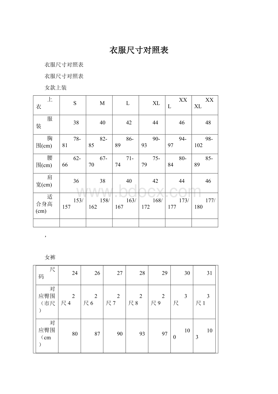 衣服尺寸对照表Word文档格式.docx