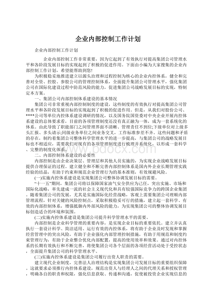 企业内部控制工作计划Word格式文档下载.docx_第1页