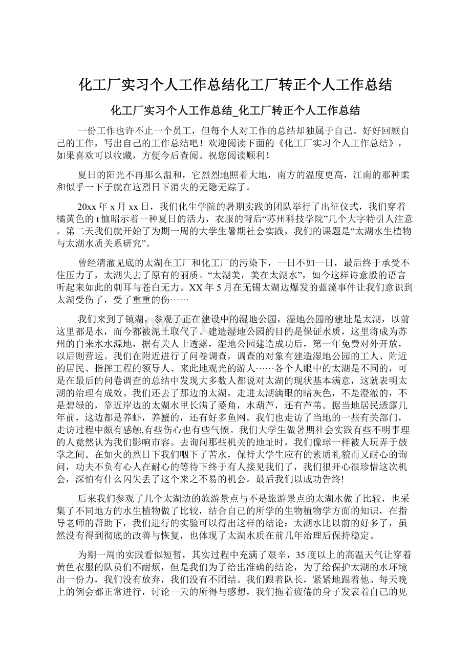 化工厂实习个人工作总结化工厂转正个人工作总结.docx