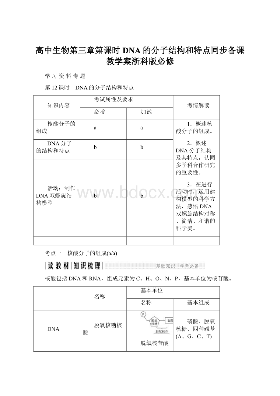 高中生物第三章第课时DNA的分子结构和特点同步备课教学案浙科版必修Word文档下载推荐.docx