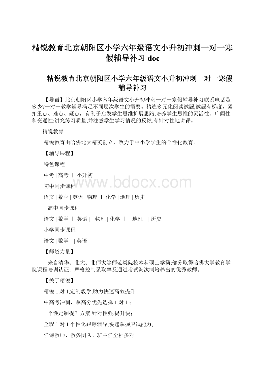 精锐教育北京朝阳区小学六年级语文小升初冲刺一对一寒假辅导补习docWord文档格式.docx