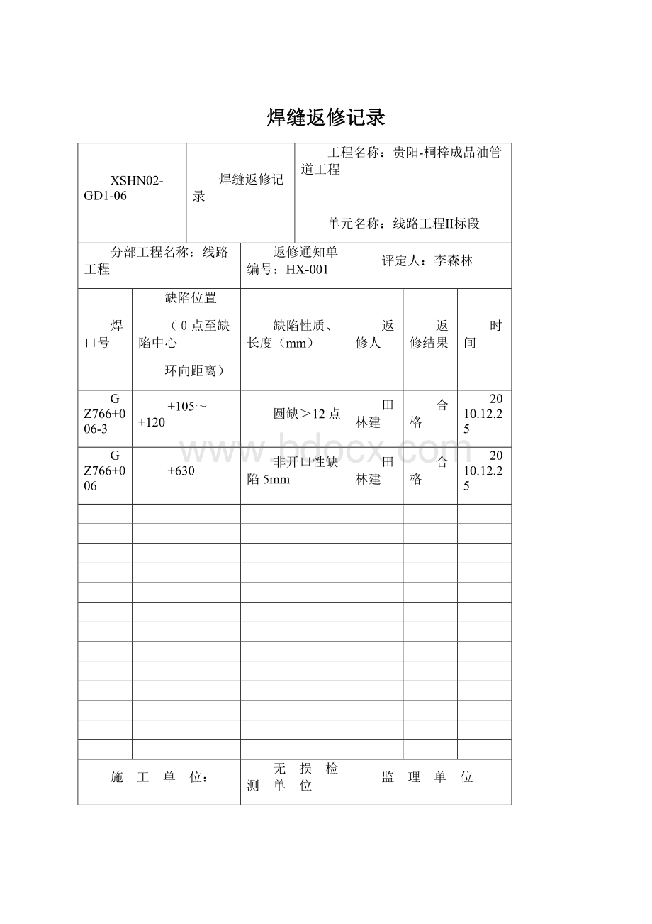 焊缝返修记录Word格式.docx