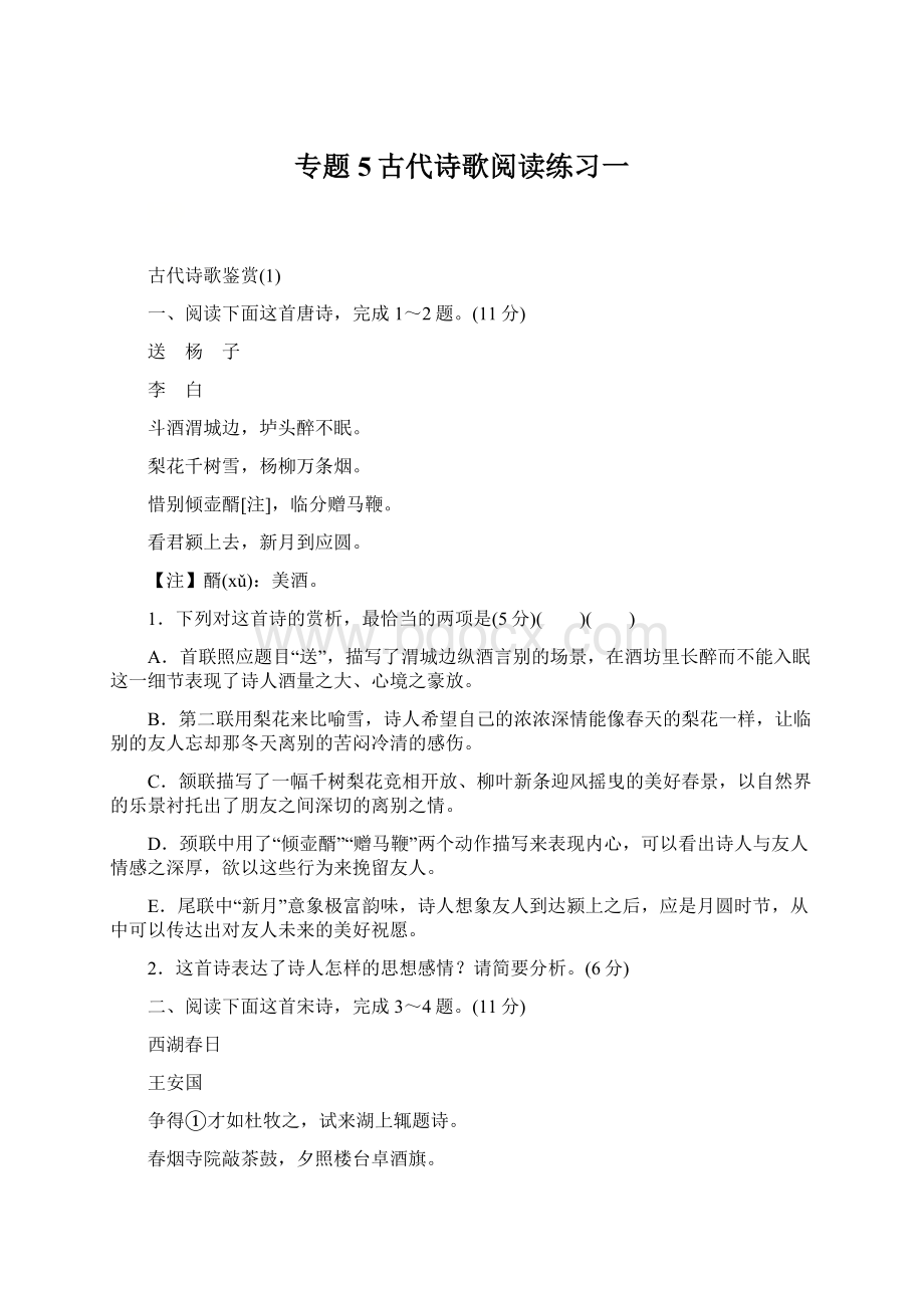 专题5古代诗歌阅读练习一Word格式.docx