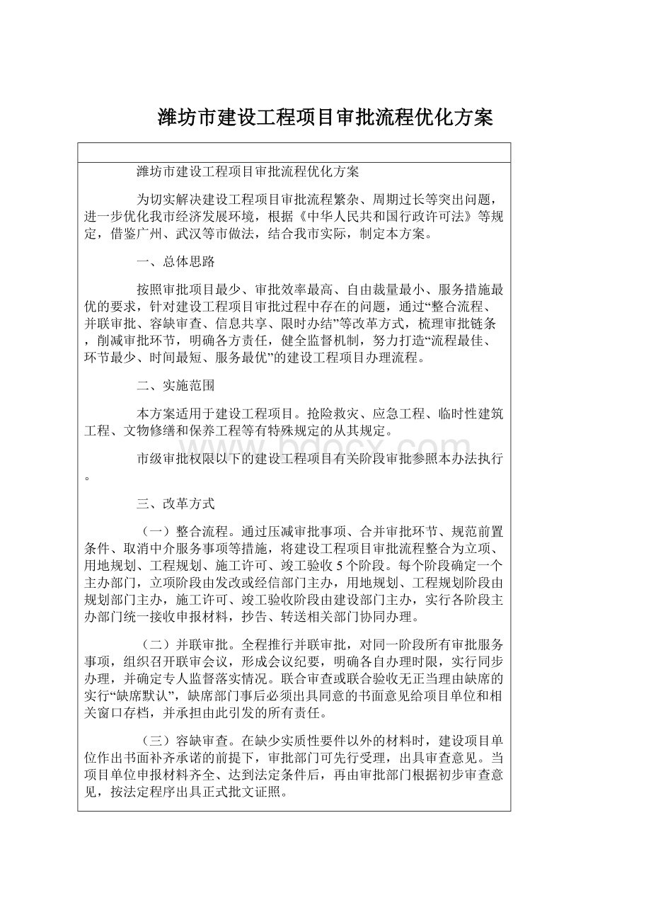 潍坊市建设工程项目审批流程优化方案Word格式.docx