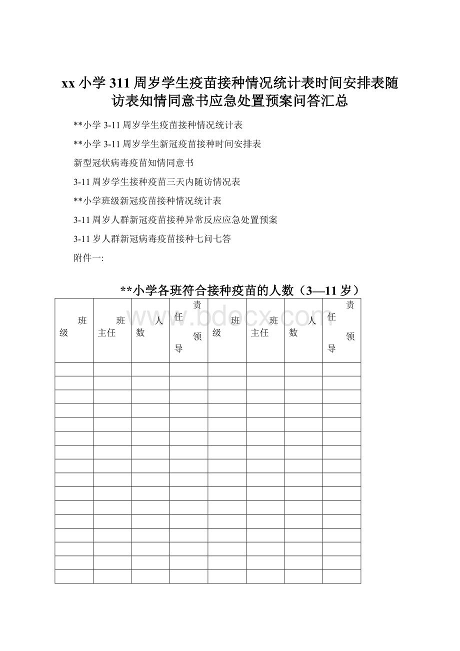 xx小学311周岁学生疫苗接种情况统计表时间安排表随访表知情同意书应急处置预案问答汇总.docx