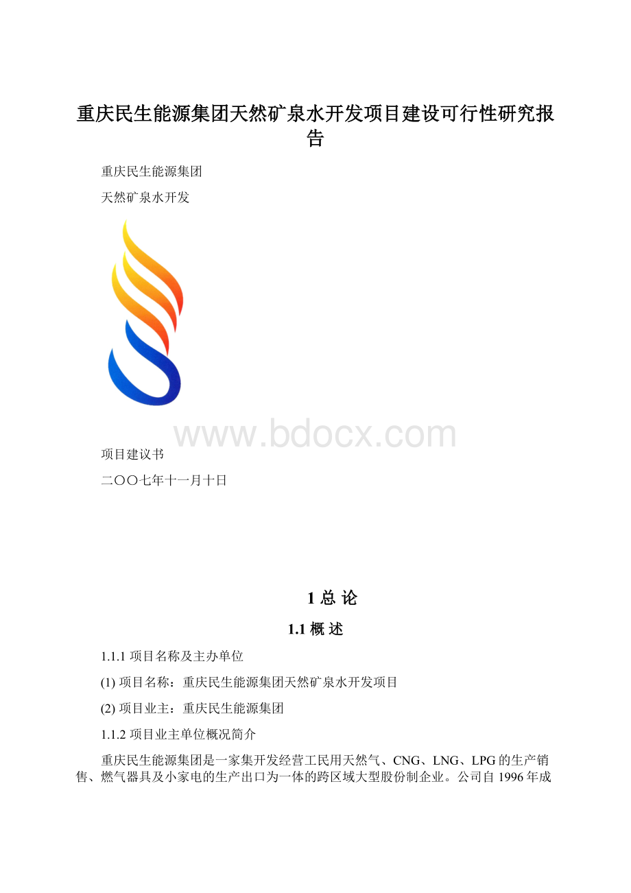 重庆民生能源集团天然矿泉水开发项目建设可行性研究报告.docx