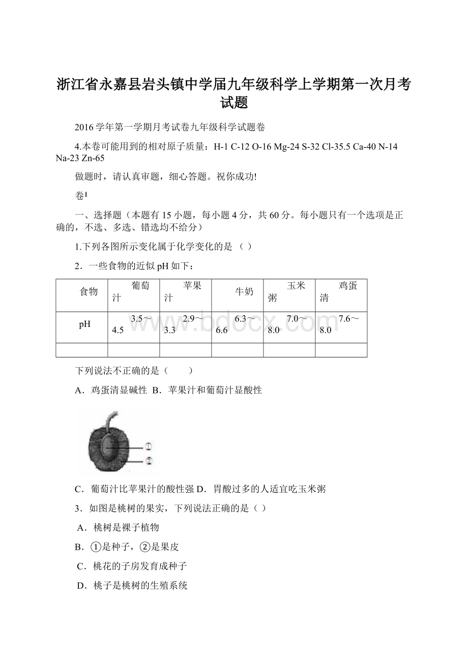 浙江省永嘉县岩头镇中学届九年级科学上学期第一次月考试题Word格式.docx_第1页