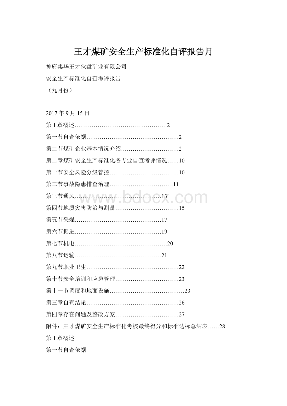 王才煤矿安全生产标准化自评报告月.docx_第1页