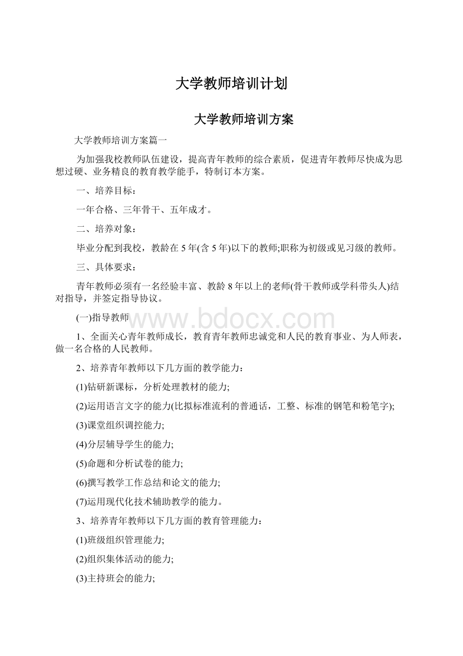 大学教师培训计划Word文档下载推荐.docx