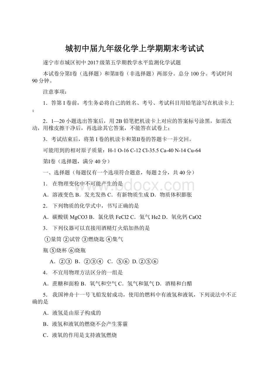 城初中届九年级化学上学期期末考试试Word格式文档下载.docx