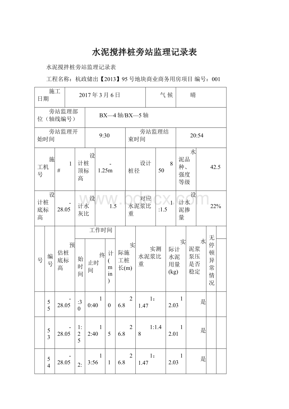 水泥搅拌桩旁站监理记录表文档格式.docx