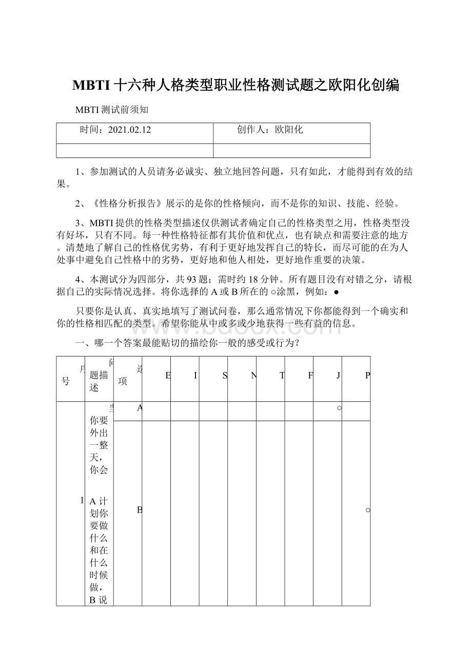 MBTI十六种人格类型职业性格测试题之欧阳化创编.docx