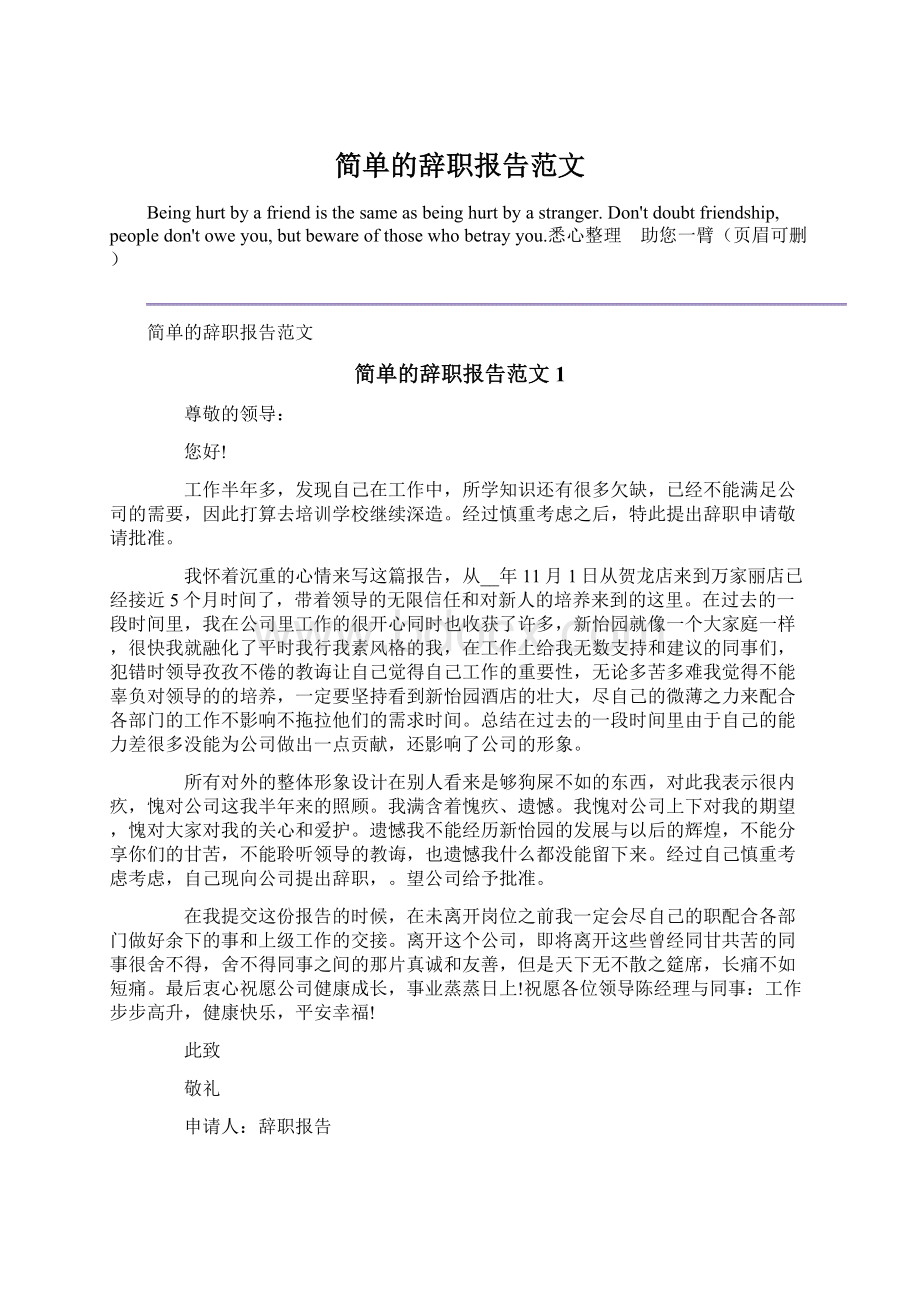 简单的辞职报告范文Word下载.docx