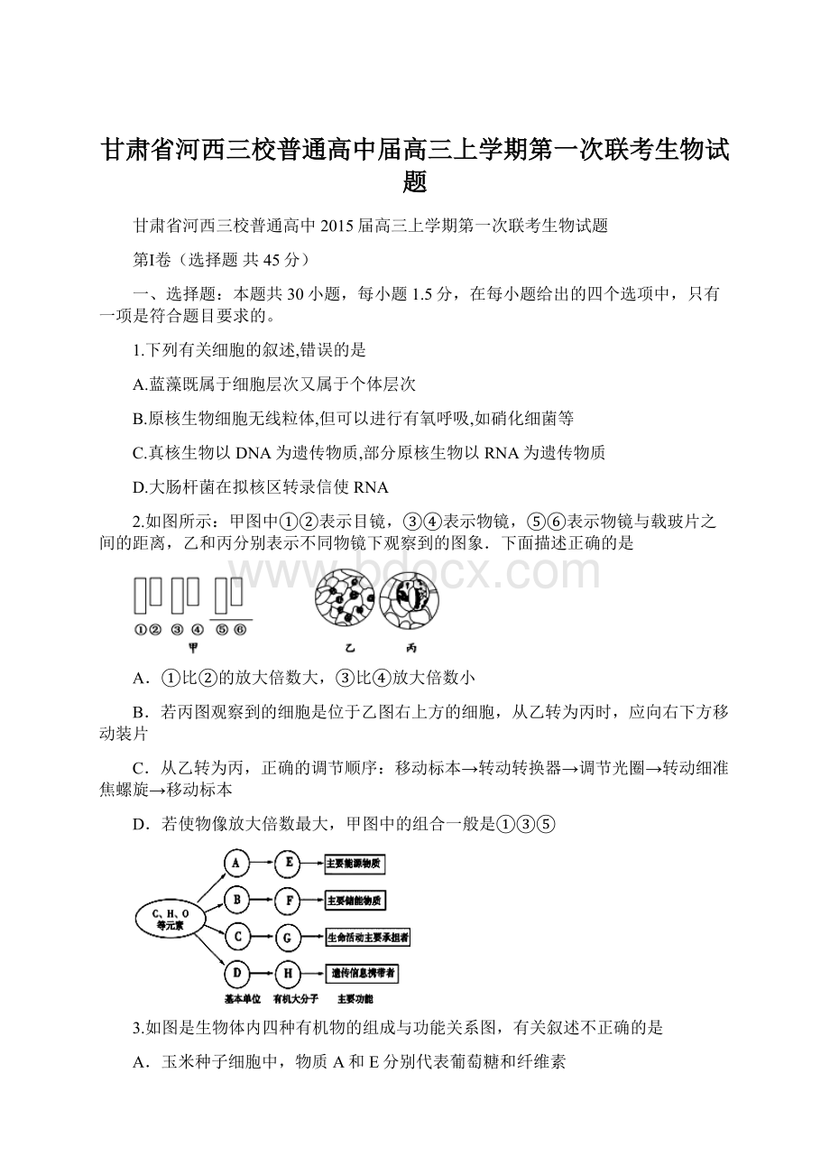 甘肃省河西三校普通高中届高三上学期第一次联考生物试题.docx_第1页