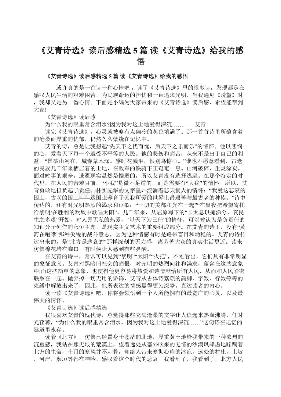 《艾青诗选》读后感精选5篇 读《艾青诗选》给我的感悟文档格式.docx