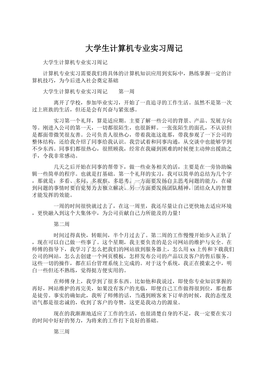 大学生计算机专业实习周记Word格式.docx