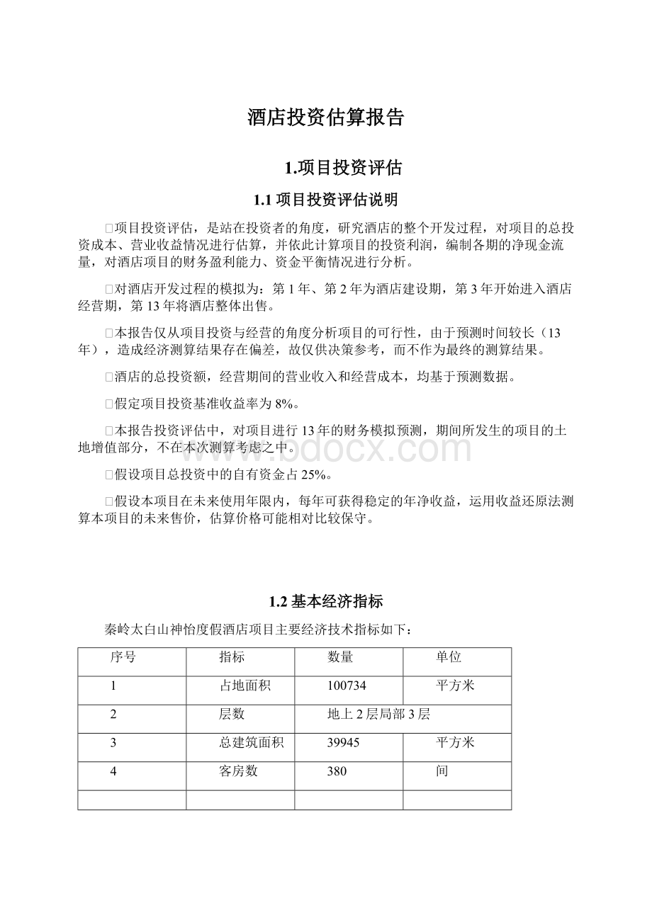 酒店投资估算报告文档格式.docx