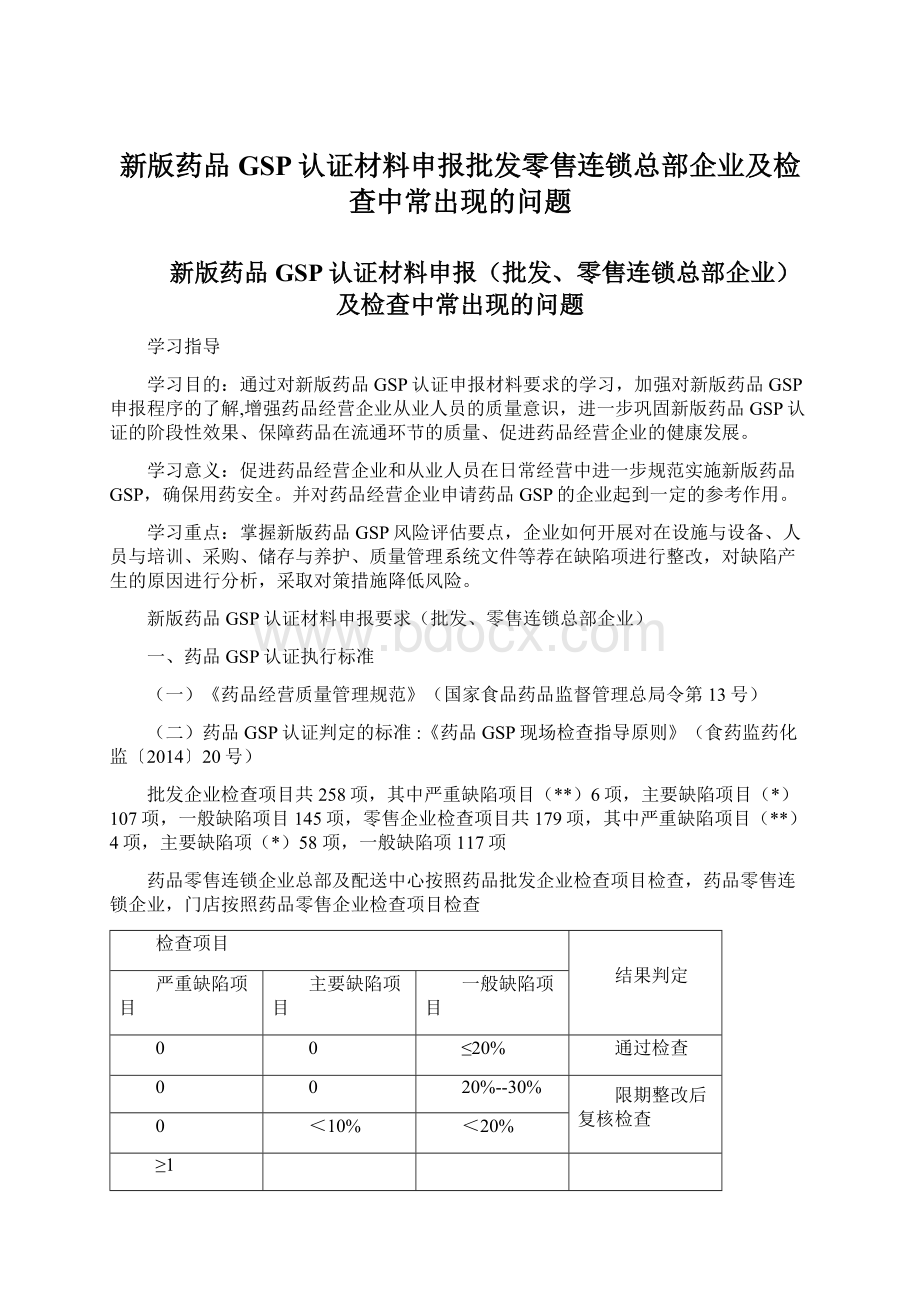 新版药品GSP认证材料申报批发零售连锁总部企业及检查中常出现的问题.docx_第1页