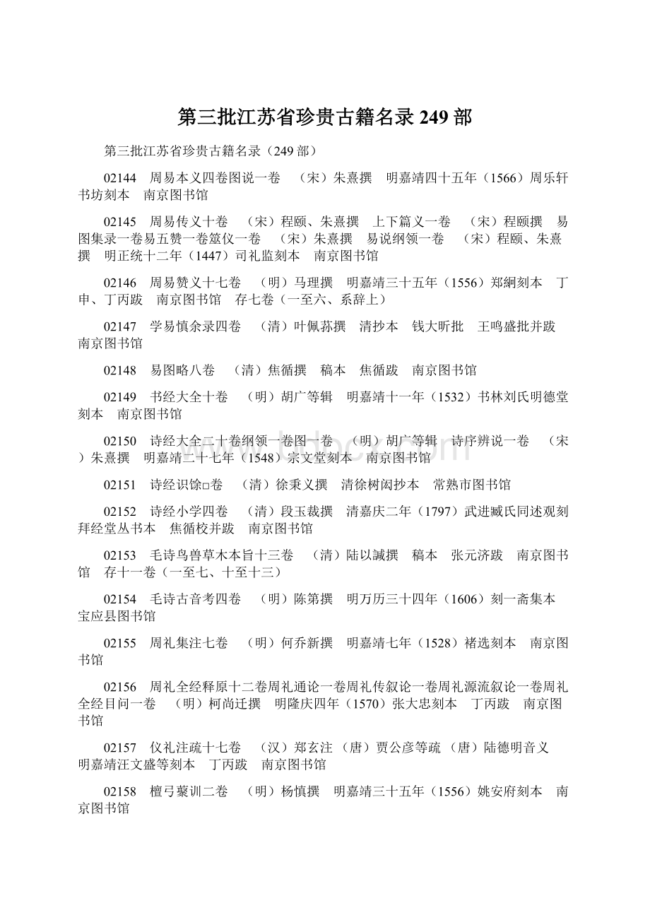 第三批江苏省珍贵古籍名录249部Word文档下载推荐.docx