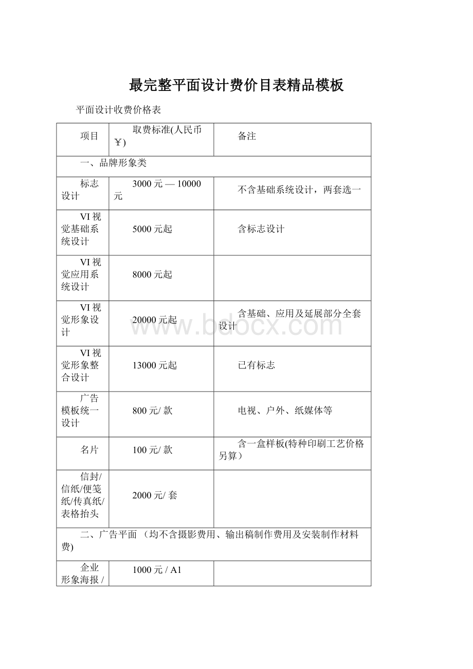 最完整平面设计费价目表精品模板.docx_第1页