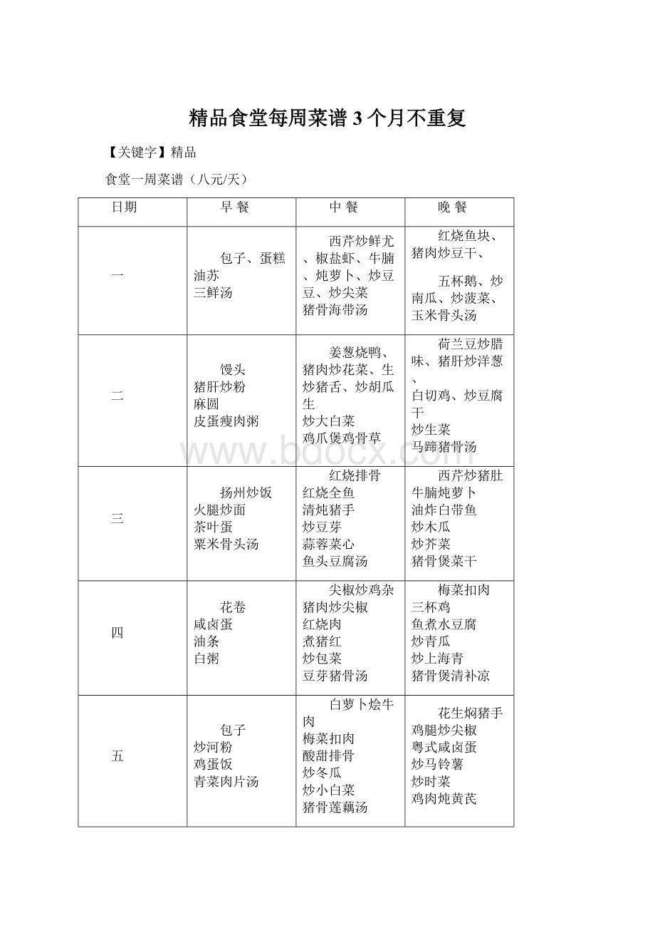 精品食堂每周菜谱3个月不重复Word格式.docx