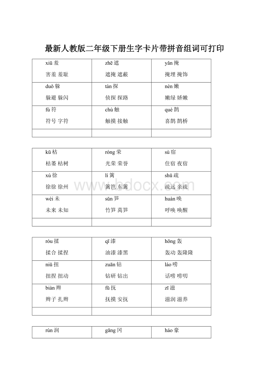 最新人教版二年级下册生字卡片带拼音组词可打印Word格式.docx