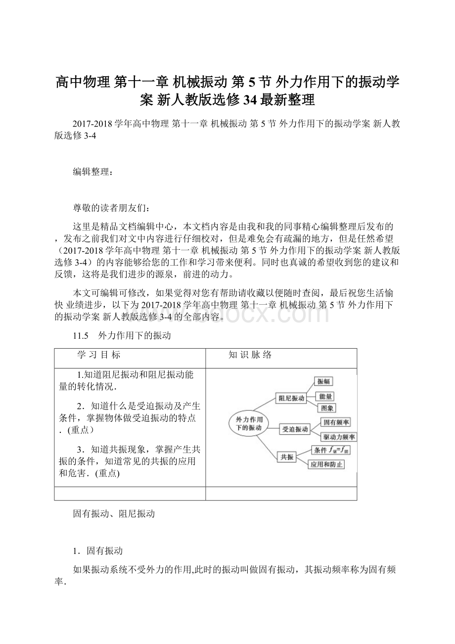 高中物理 第十一章 机械振动 第5节 外力作用下的振动学案 新人教版选修34最新整理Word格式文档下载.docx