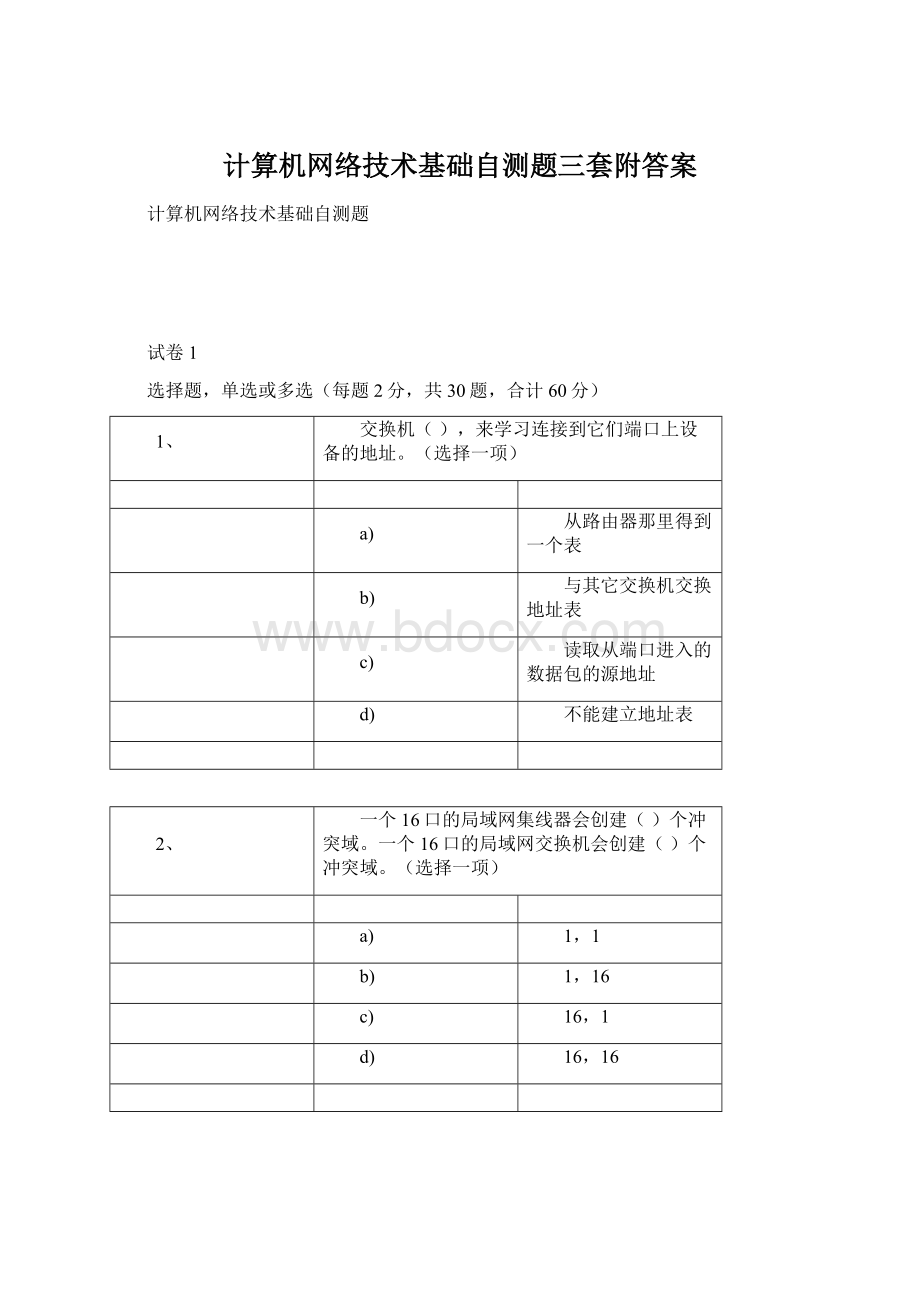 计算机网络技术基础自测题三套附答案.docx