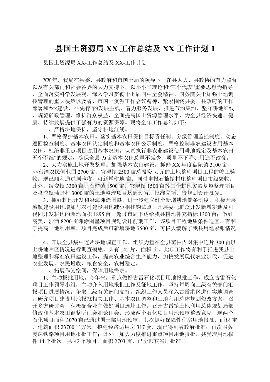 县国土资源局XX工作总结及XX工作计划1Word文件下载.docx