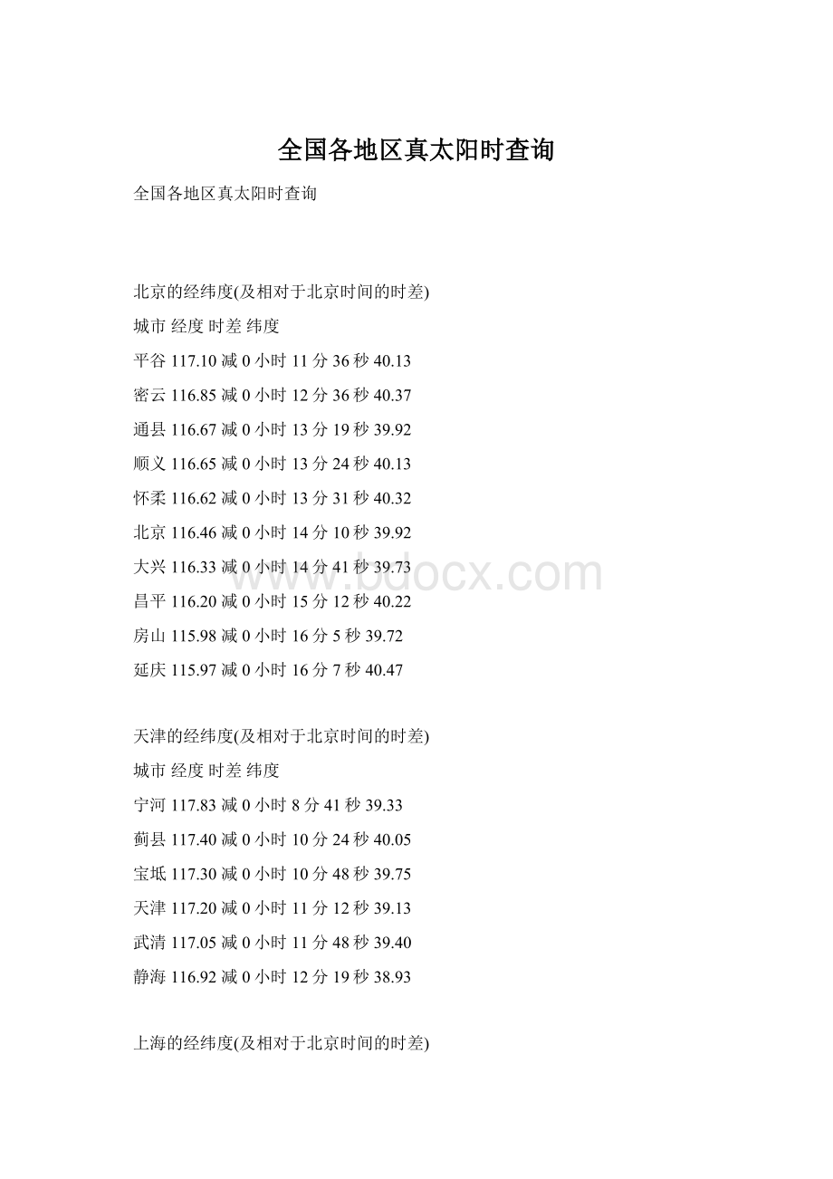 全国各地区真太阳时查询Word文档下载推荐.docx_第1页