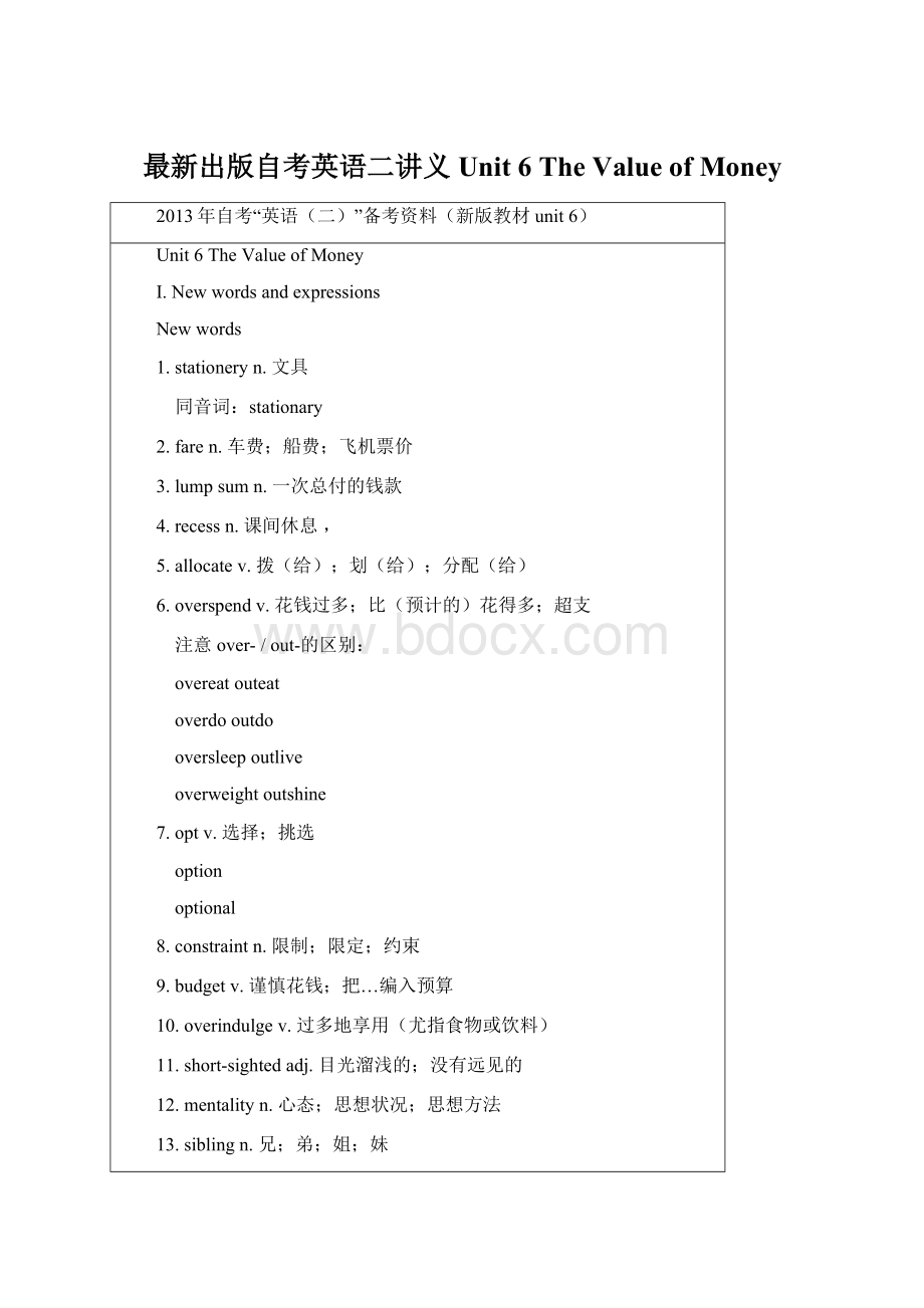 最新出版自考英语二讲义 Unit 6 The Value of Money文档格式.docx_第1页