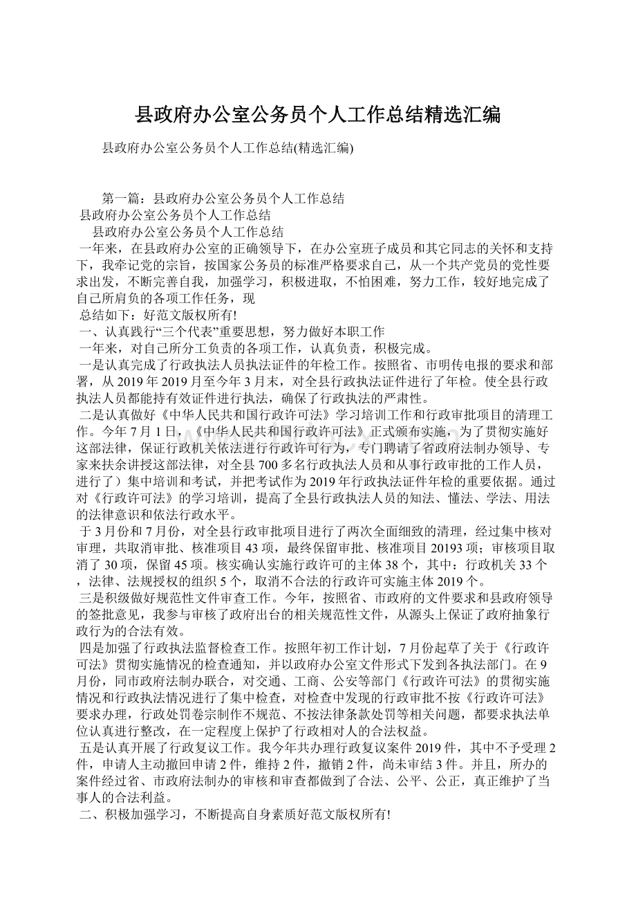 县政府办公室公务员个人工作总结精选汇编文档格式.docx