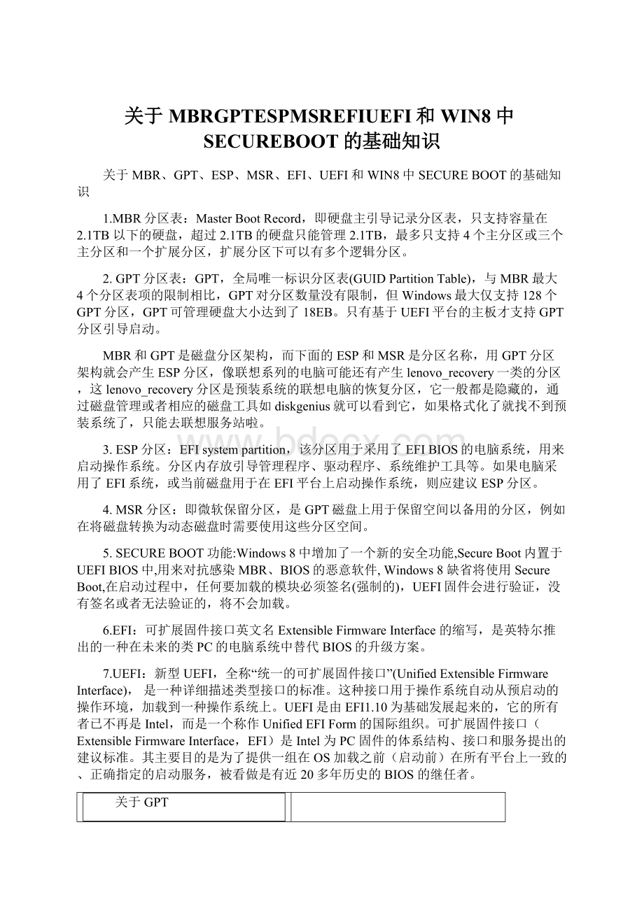 关于MBRGPTESPMSREFIUEFI和WIN8中SECUREBOOT的基础知识.docx_第1页