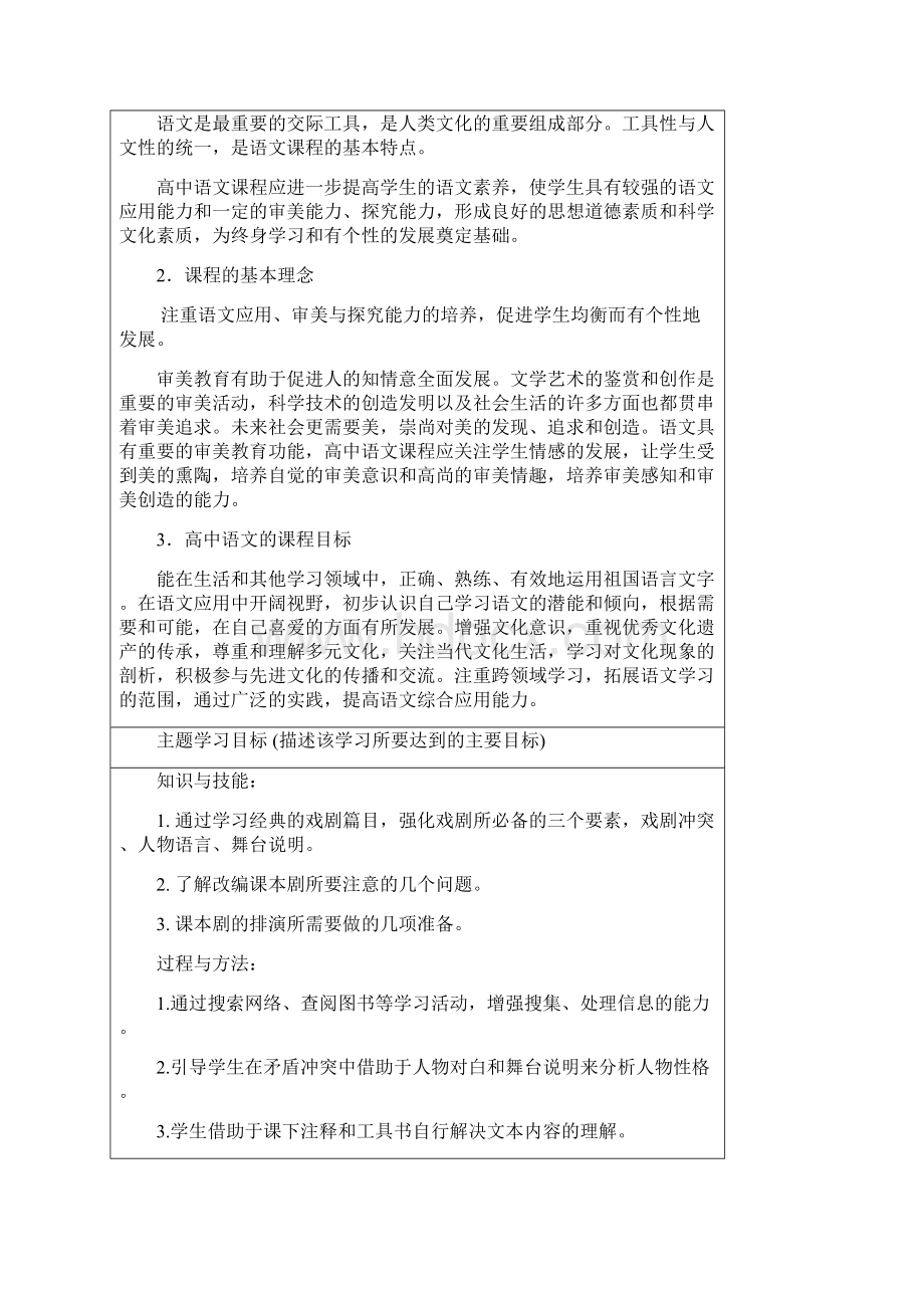 高二语文 别样精彩的课本剧主题单元设计 鲁教版Word文件下载.docx_第2页