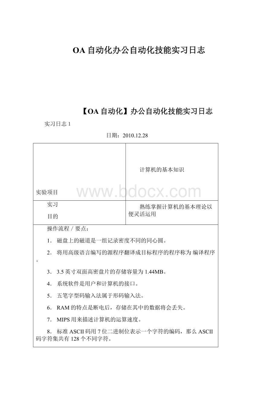 OA自动化办公自动化技能实习日志Word格式.docx