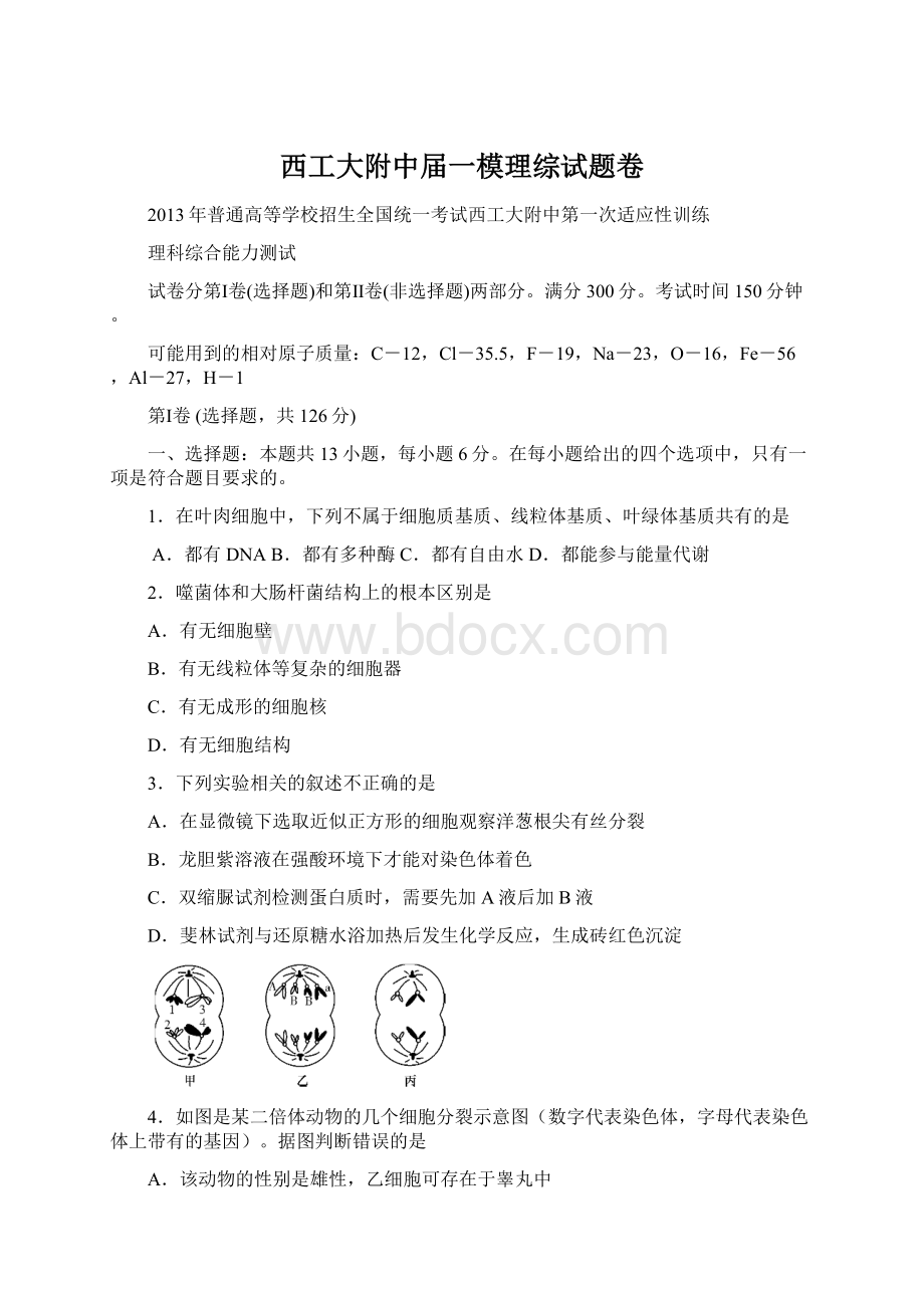 西工大附中届一模理综试题卷.docx_第1页