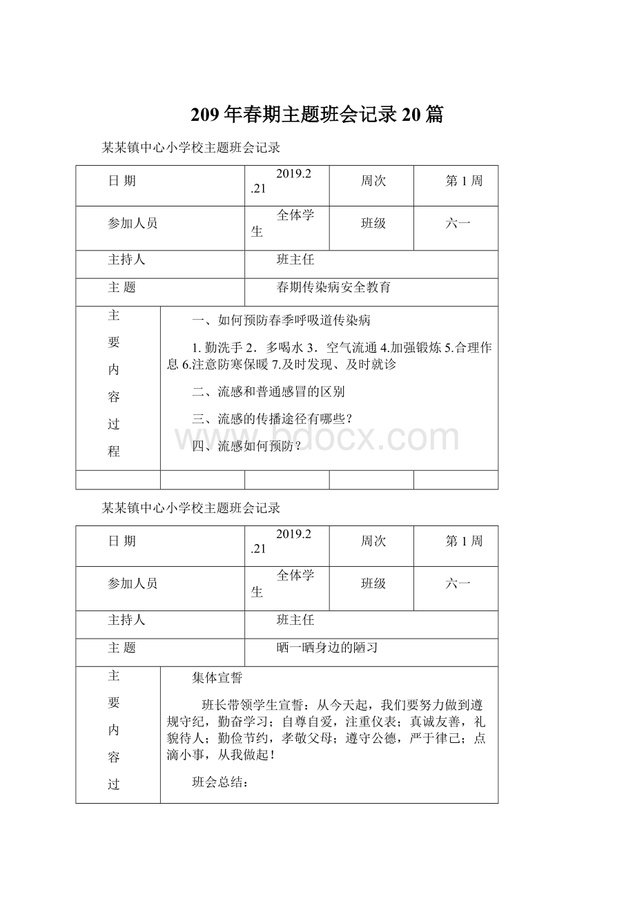 209年春期主题班会记录20篇.docx_第1页