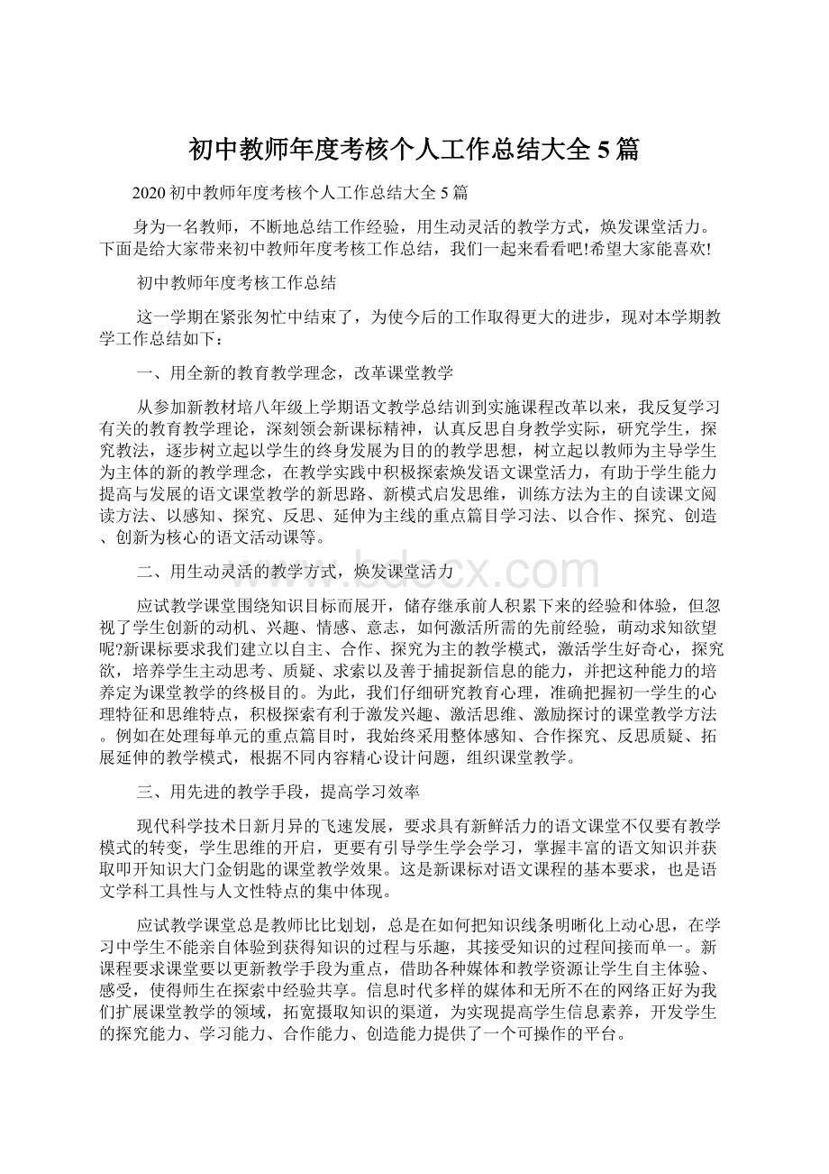 初中教师年度考核个人工作总结大全5篇文档格式.docx