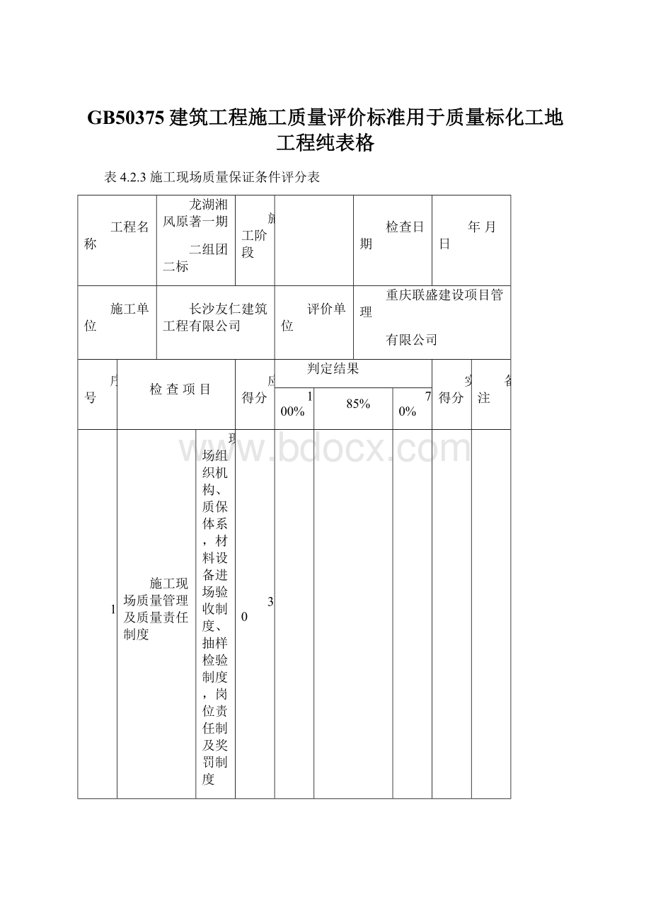 GB50375建筑工程施工质量评价标准用于质量标化工地工程纯表格Word格式.docx