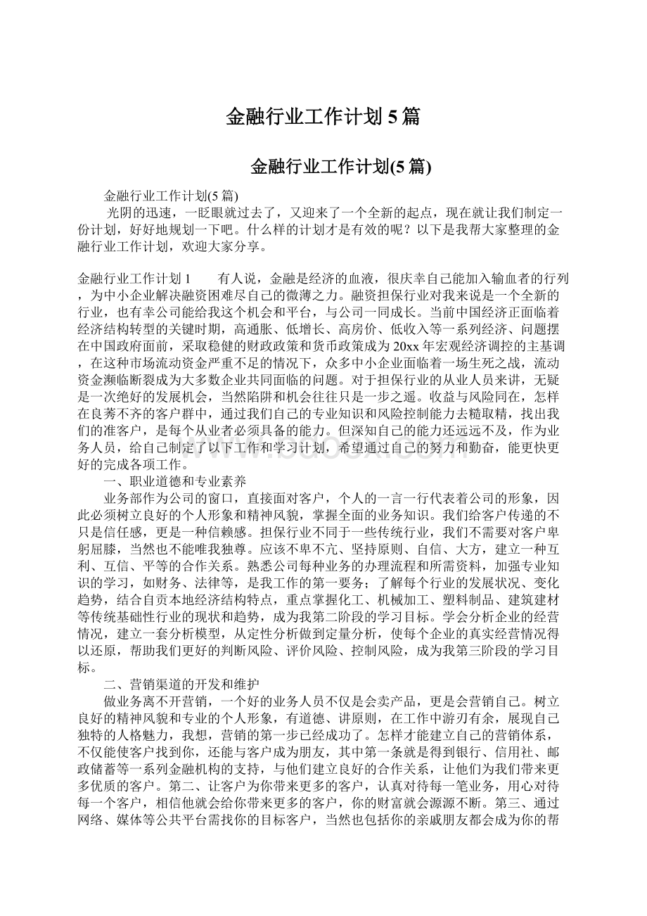 金融行业工作计划5篇Word文档格式.docx_第1页