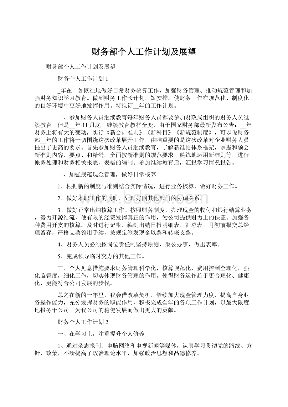 财务部个人工作计划及展望文档格式.docx_第1页