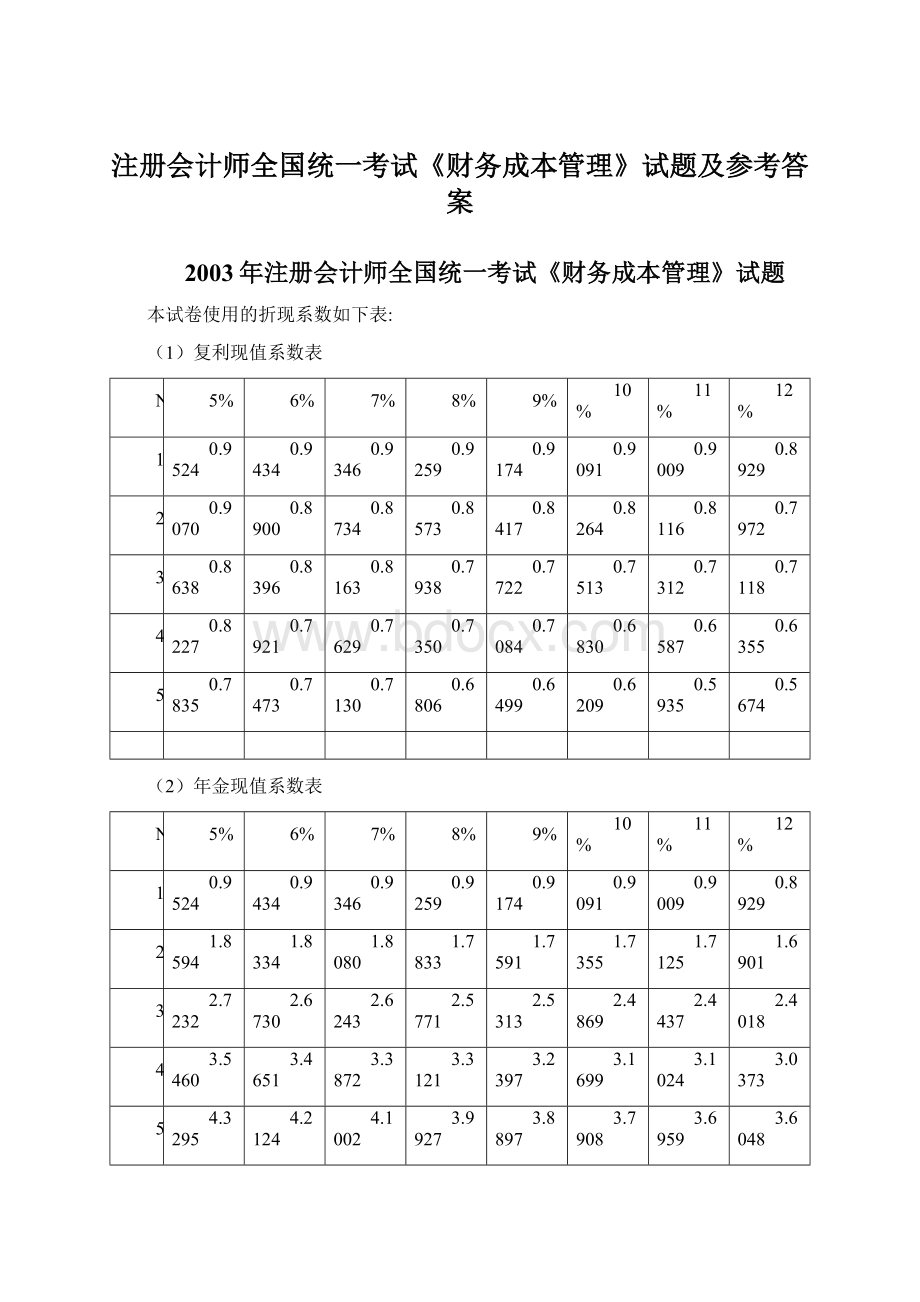 注册会计师全国统一考试《财务成本管理》试题及参考答案Word文件下载.docx_第1页