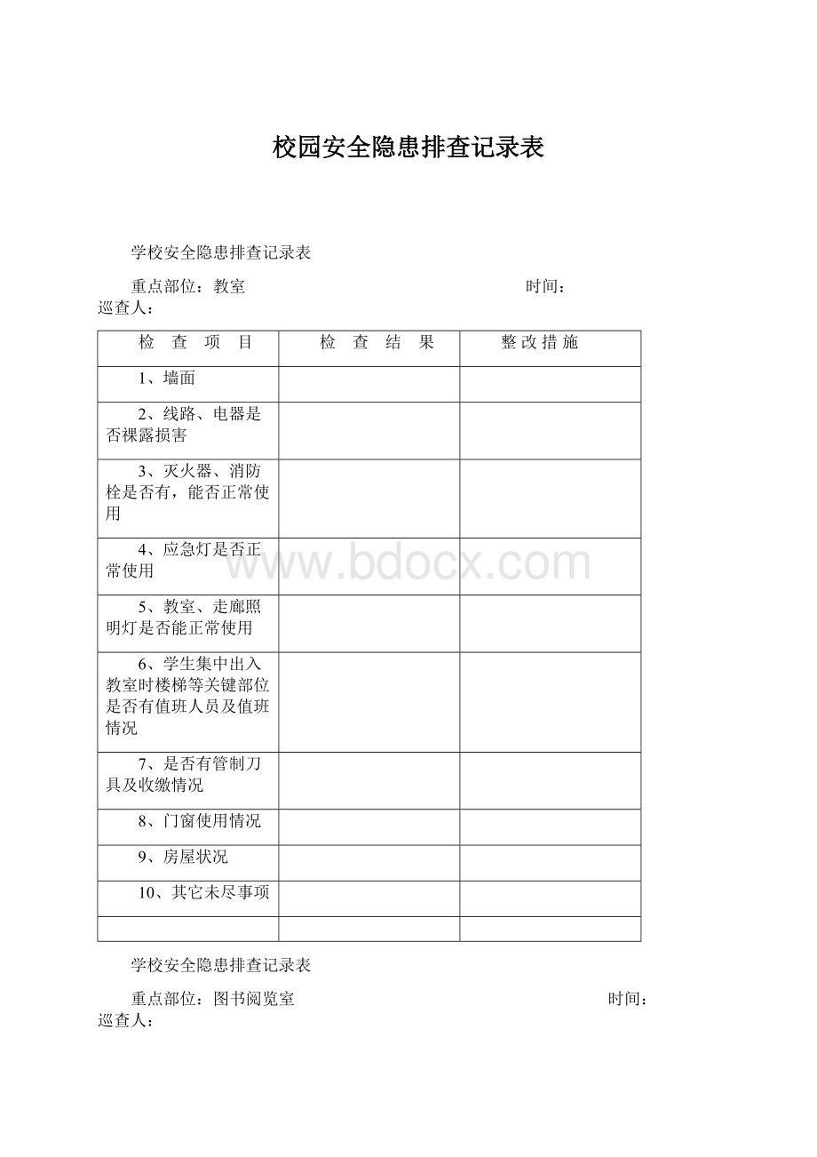 校园安全隐患排查记录表Word格式文档下载.docx