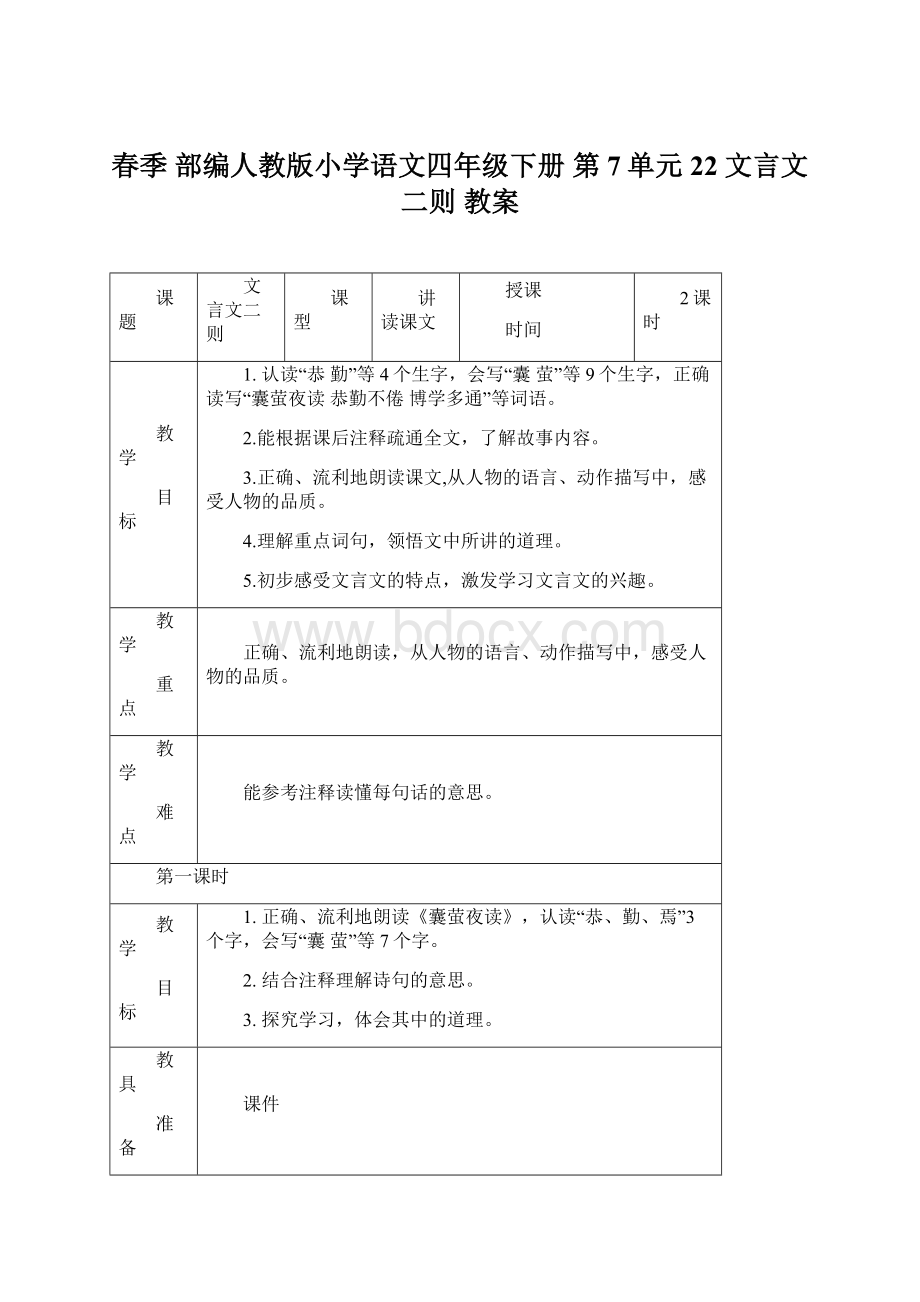 春季 部编人教版小学语文四年级下册 第7单元 22 文言文二则 教案.docx_第1页