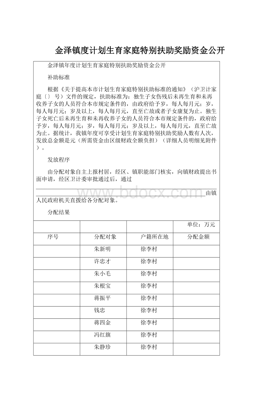 金泽镇度计划生育家庭特别扶助奖励资金公开Word文档下载推荐.docx